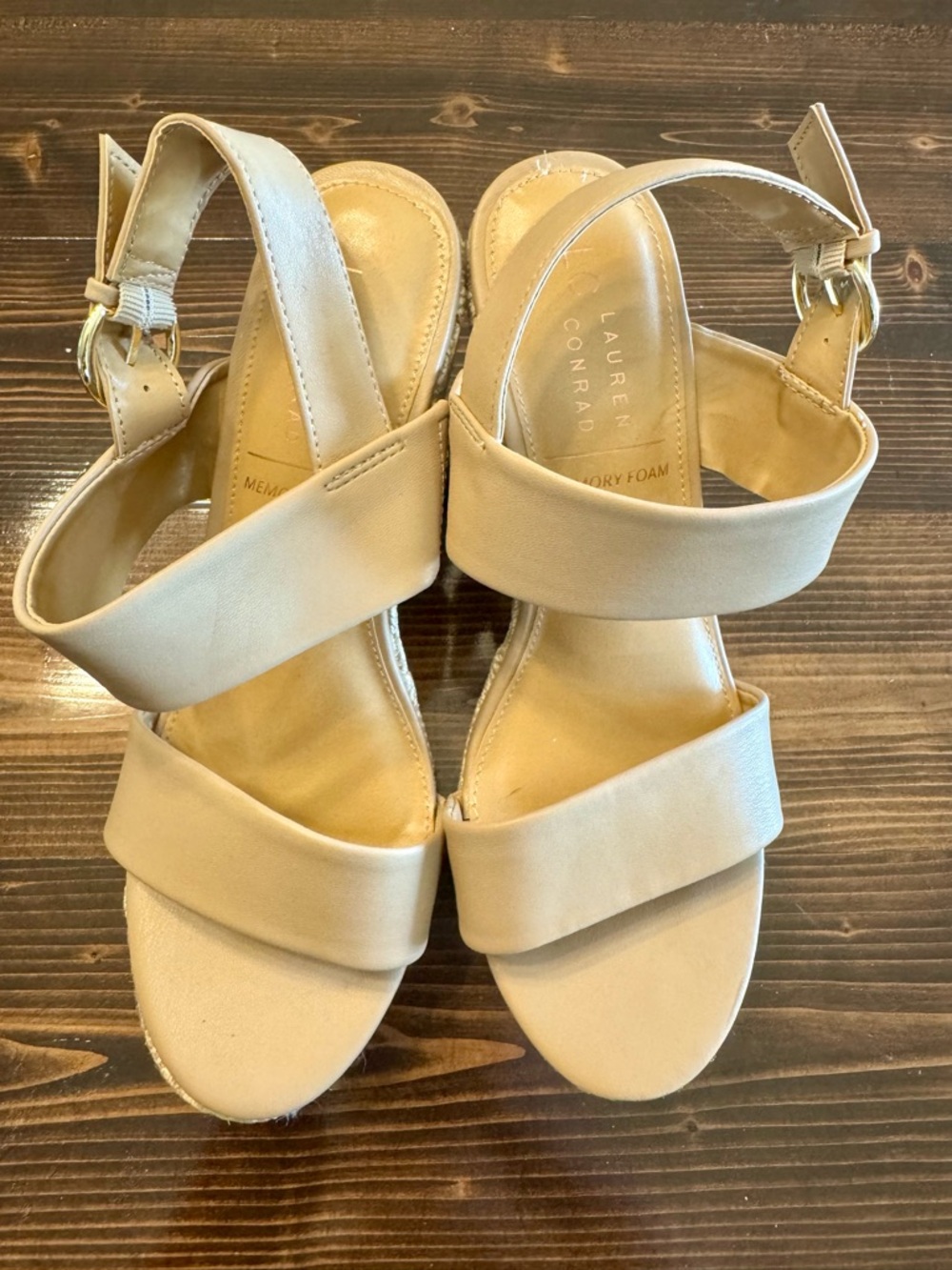 LC Lauren Conrad Wileen Tan Wedge Sandals with Gold Buckle Size 9 - Picture 3 of 7